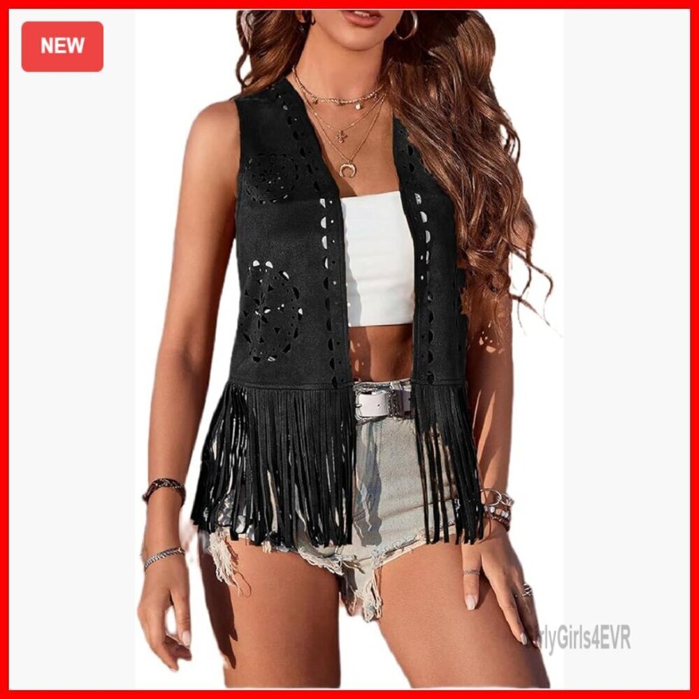 Fringe Vest Open Front Sleeveless Faux Suede Tassel Jacket Western Boho